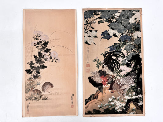 2x Kunstdruck, Chinesisch. Hahn, Henne, Hortensien und Wachteln im Herbstfeld. Jakuchu, Tosa-Schule