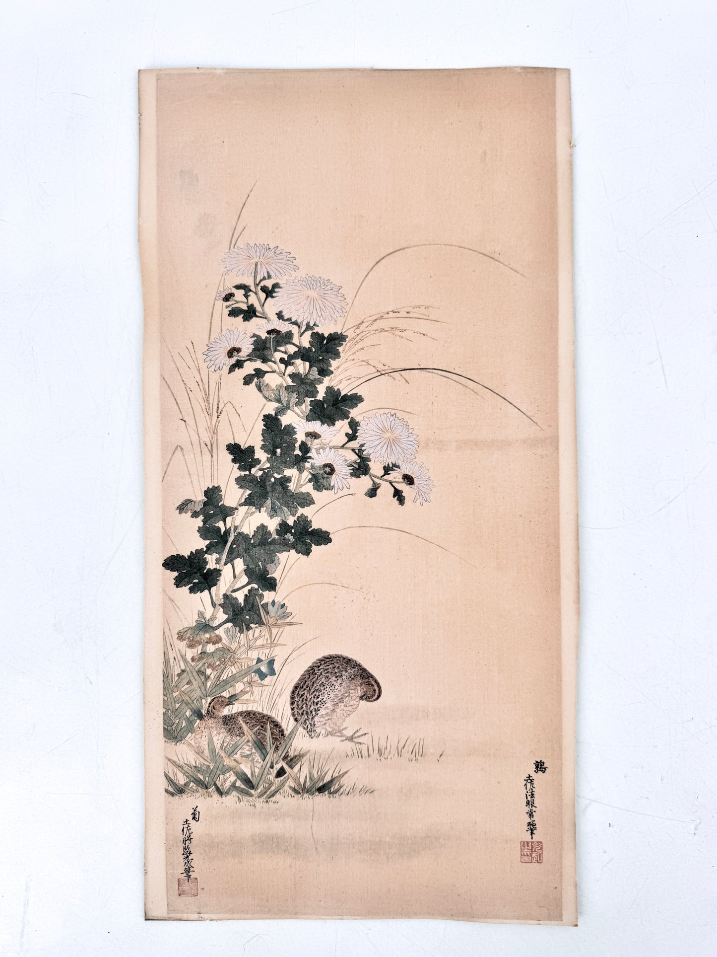 2x Kunstdruck, Chinesisch. Hahn, Henne, Hortensien und Wachteln im Herbstfeld. Jakuchu, Tosa-Schule