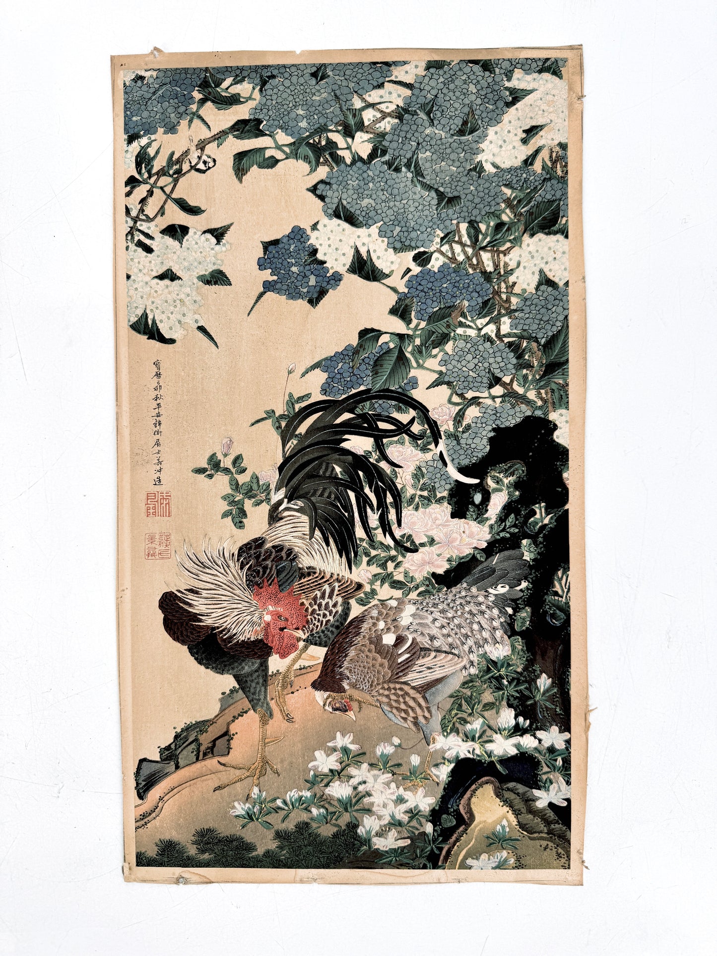 2x Kunstdruck, Chinesisch. Hahn, Henne, Hortensien und Wachteln im Herbstfeld. Jakuchu, Tosa-Schule