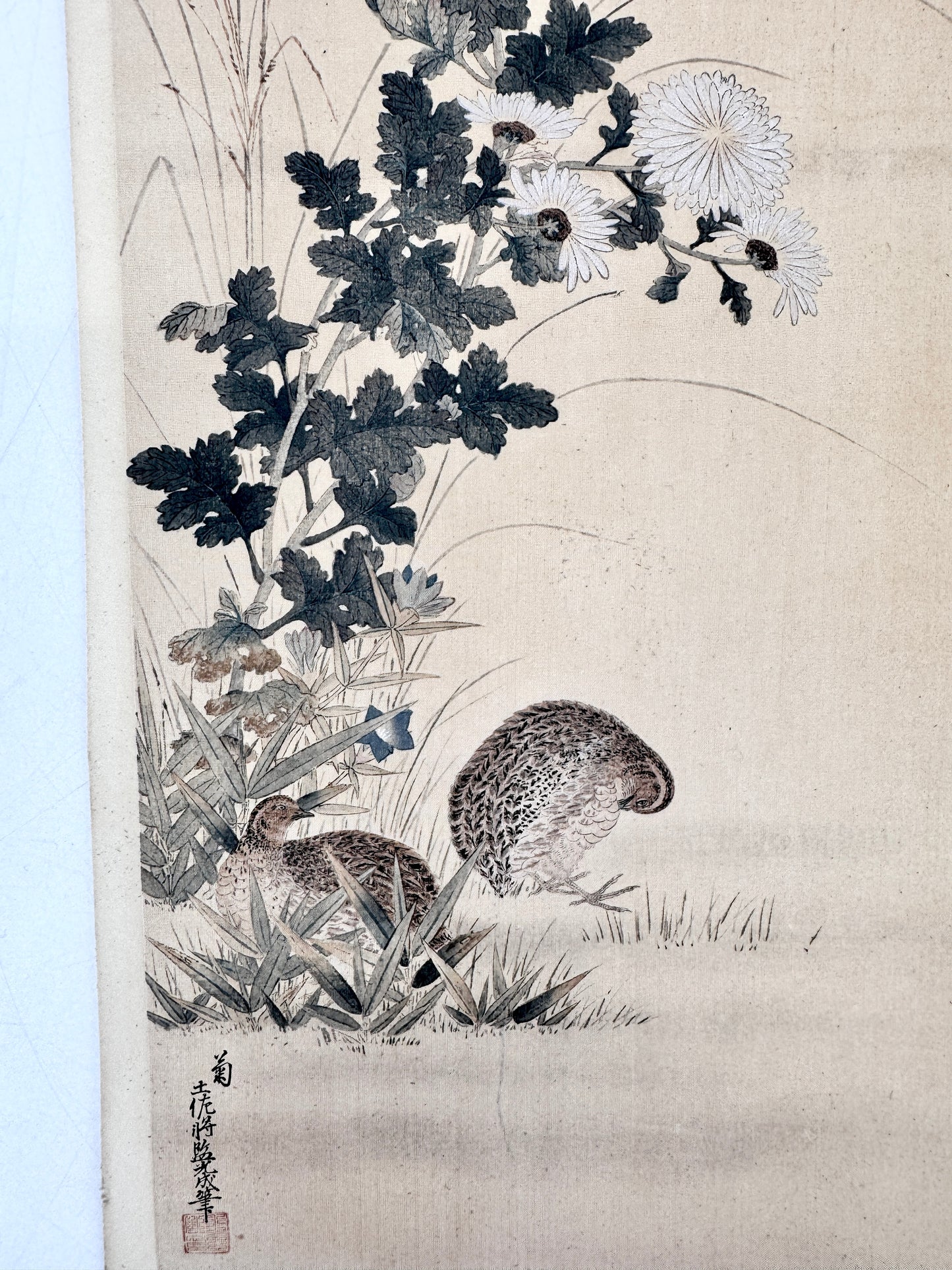 2x Kunstdruck, Chinesisch. Hahn, Henne, Hortensien und Wachteln im Herbstfeld. Jakuchu, Tosa-Schule