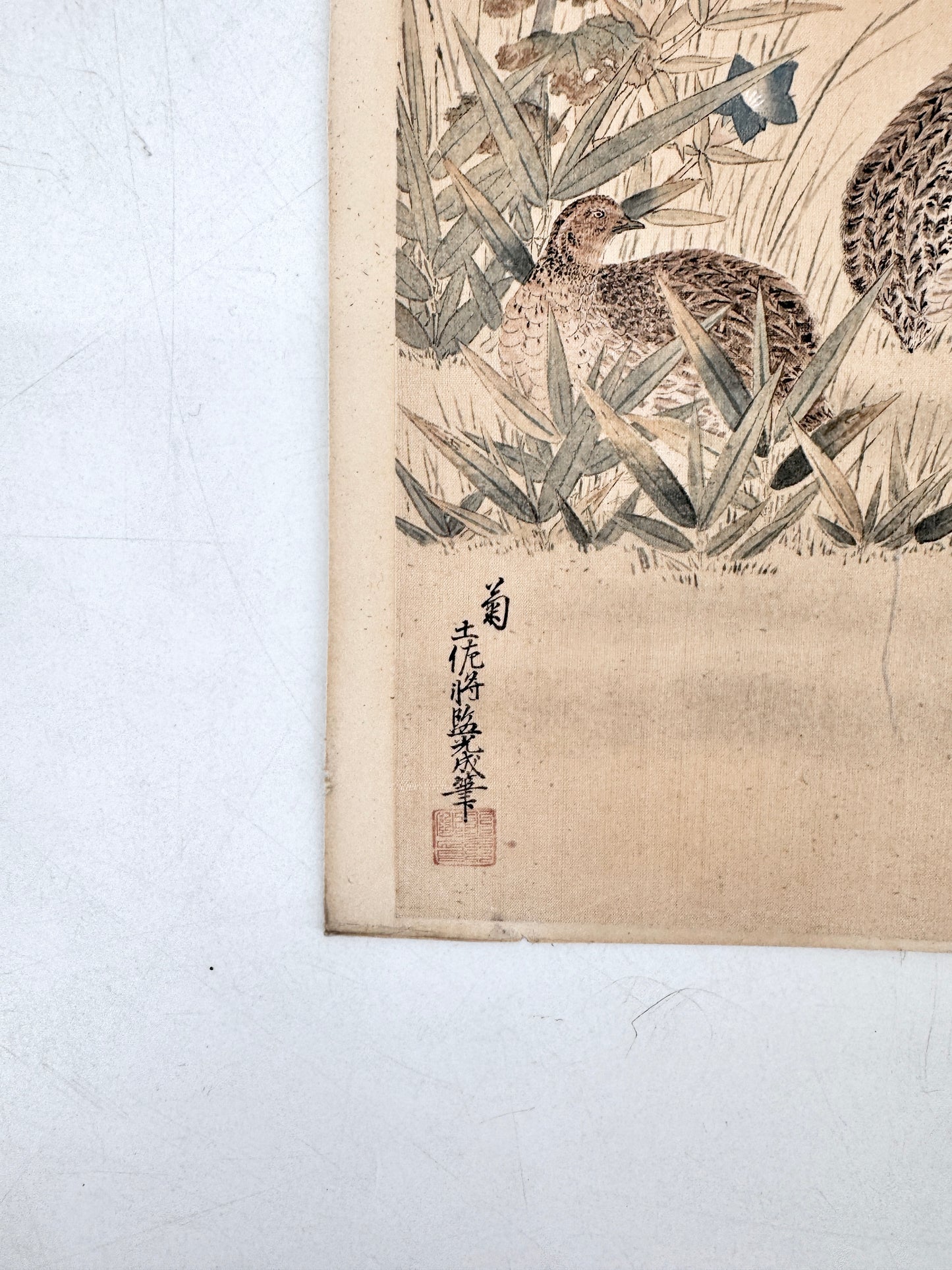 2x Kunstdruck, Chinesisch. Hahn, Henne, Hortensien und Wachteln im Herbstfeld. Jakuchu, Tosa-Schule