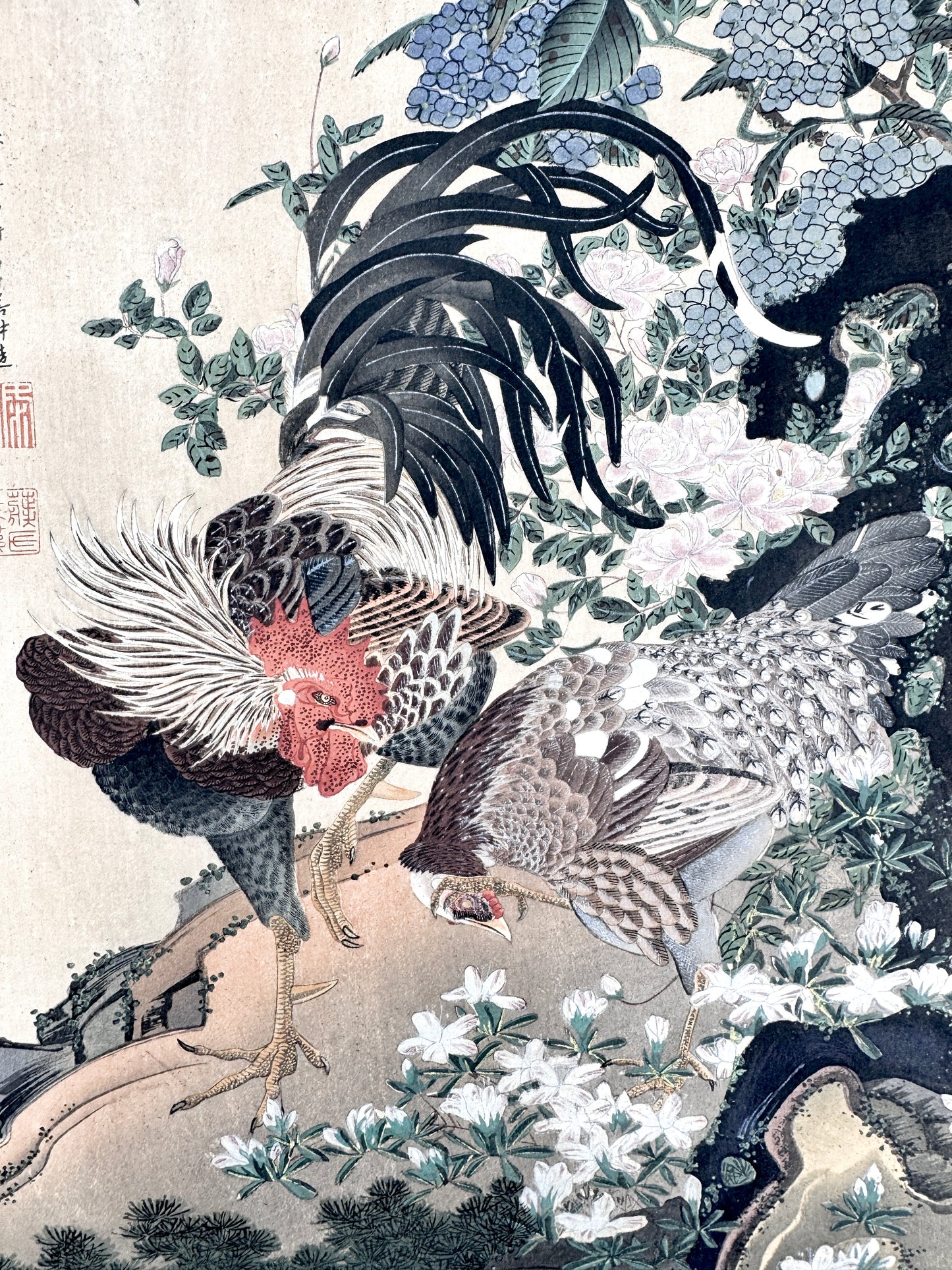 2x Kunstdruck, Chinesisch. Hahn, Henne, Hortensien und Wachteln im Herbstfeld. Jakuchu, Tosa-Schule