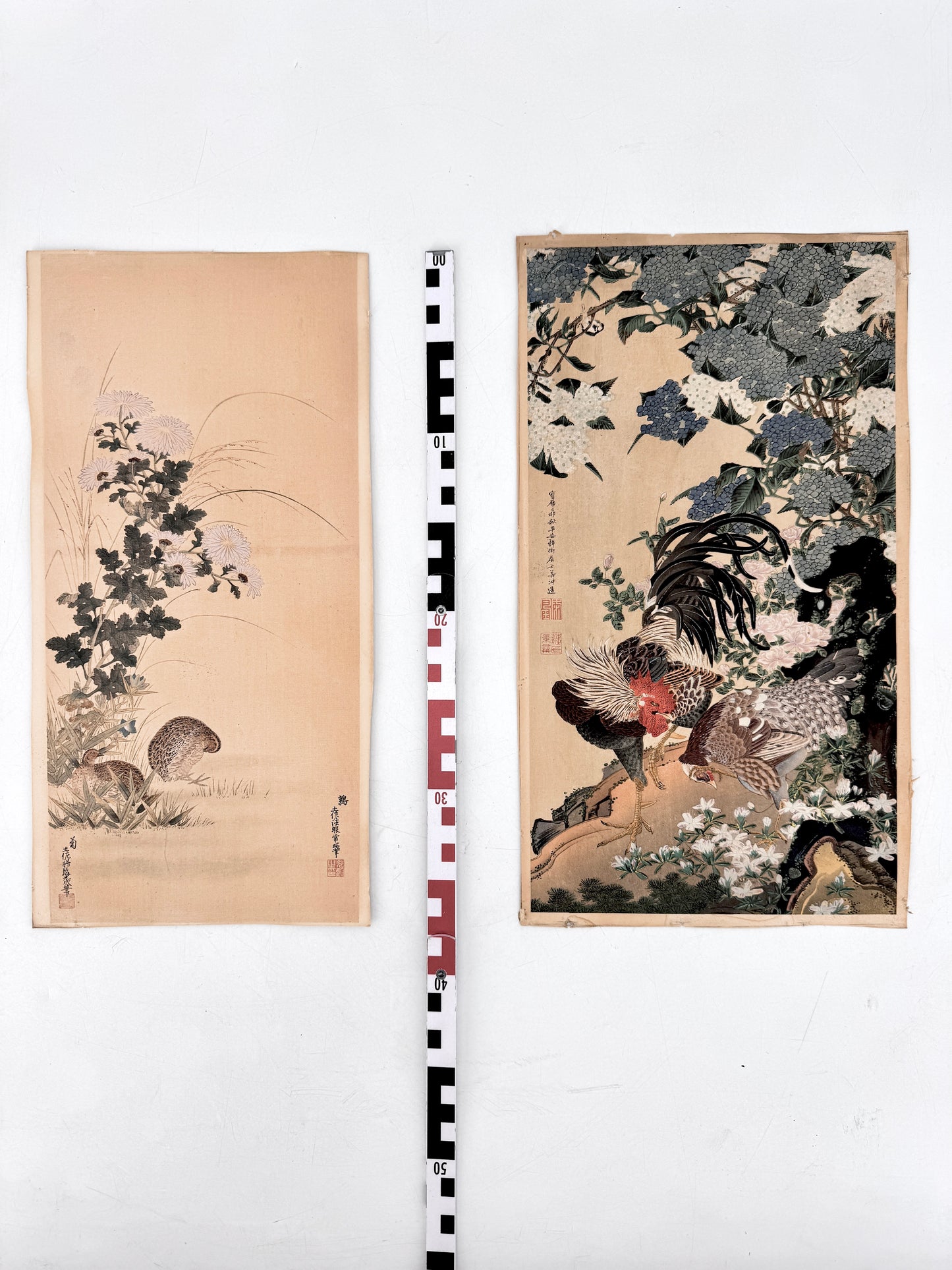 2x Kunstdruck, Chinesisch. Hahn, Henne, Hortensien und Wachteln im Herbstfeld. Jakuchu, Tosa-Schule