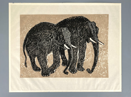 Dreifarbiger Linolschnitt "Elefanten" von Hermann Teuber, nummeriert und handsigniert, 1967