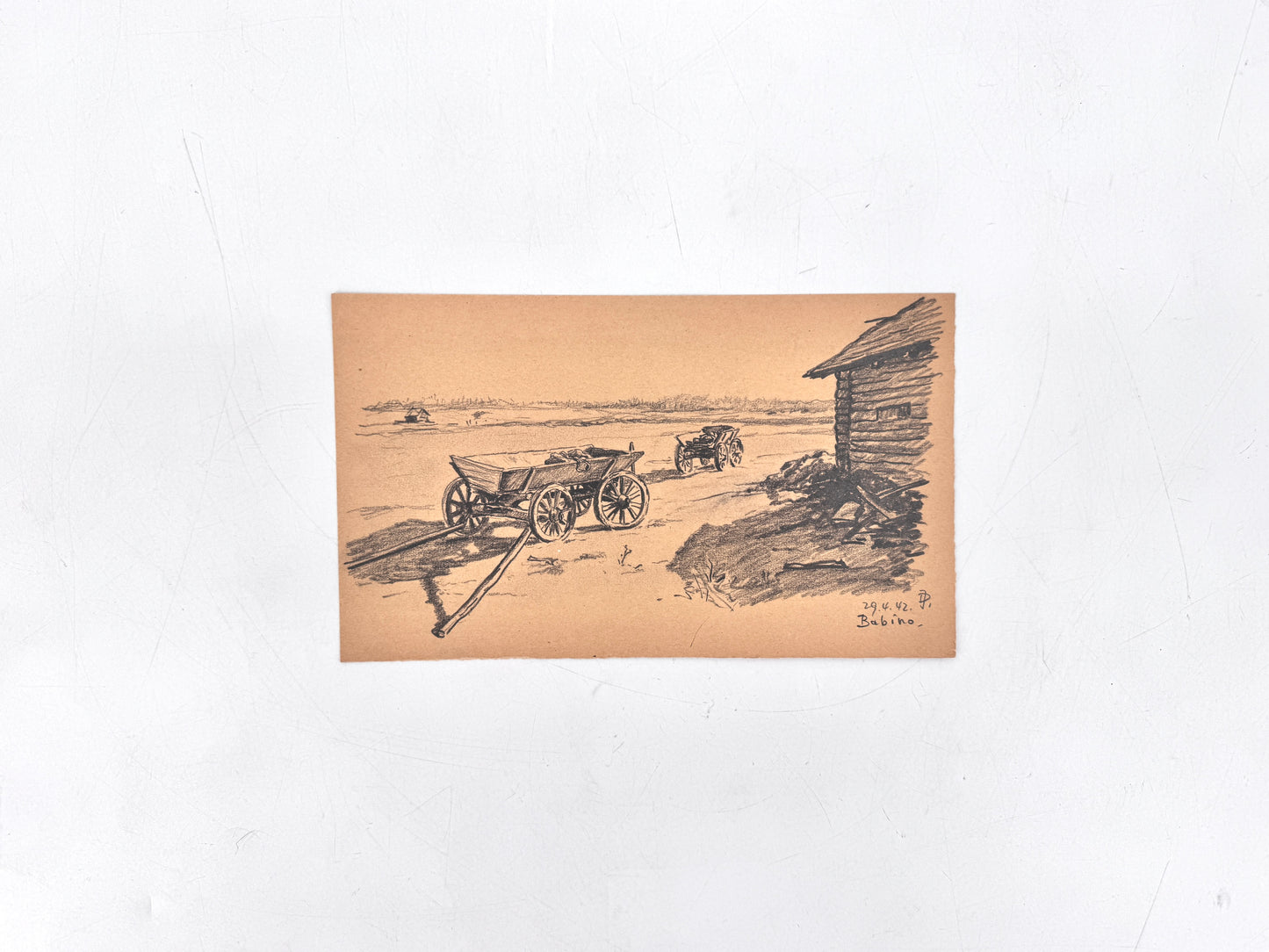 Zeichnung, Hütten auf Babino - Kroatien. Josef Dorner