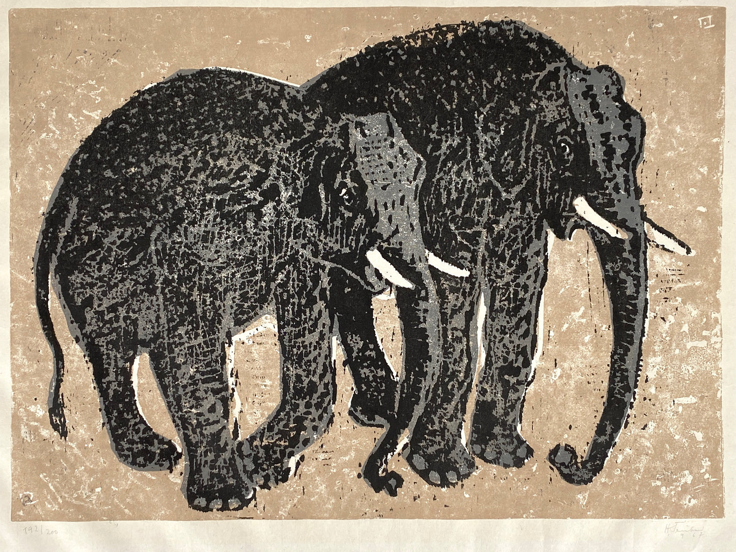 Dreifarbiger Linolschnitt "Elefanten" von Hermann Teuber, nummeriert und handsigniert, 1967