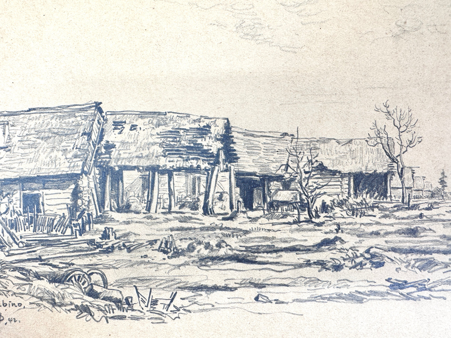 Zeichnung, Hütten auf Babino - Kroatien. Josef Dorner