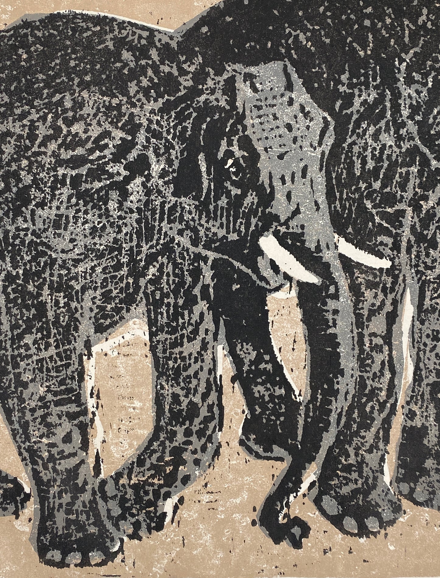 Dreifarbiger Linolschnitt "Elefanten" von Hermann Teuber, nummeriert und handsigniert, 1967