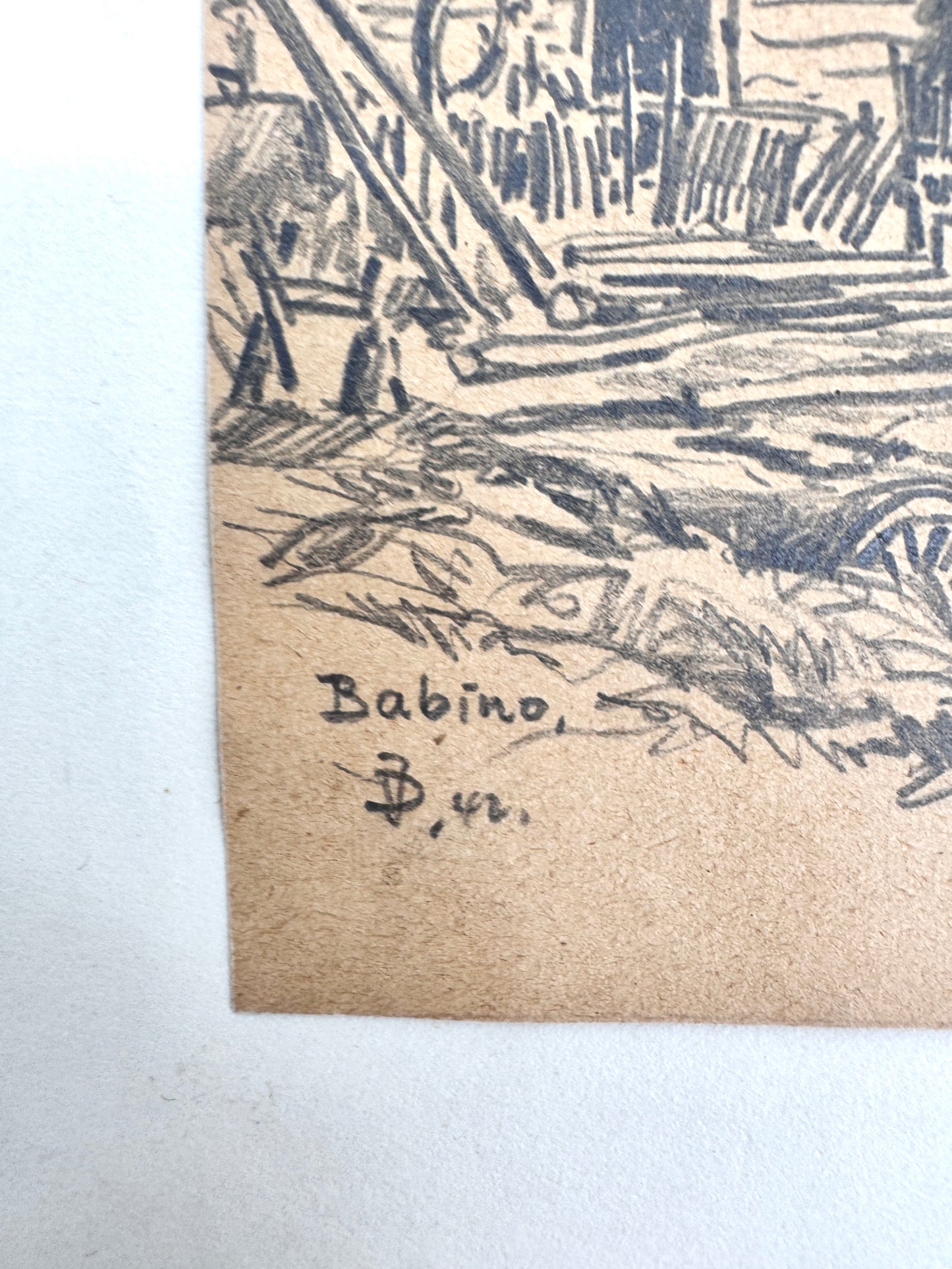 Zeichnung, Hütten auf Babino - Kroatien. Josef Dorner