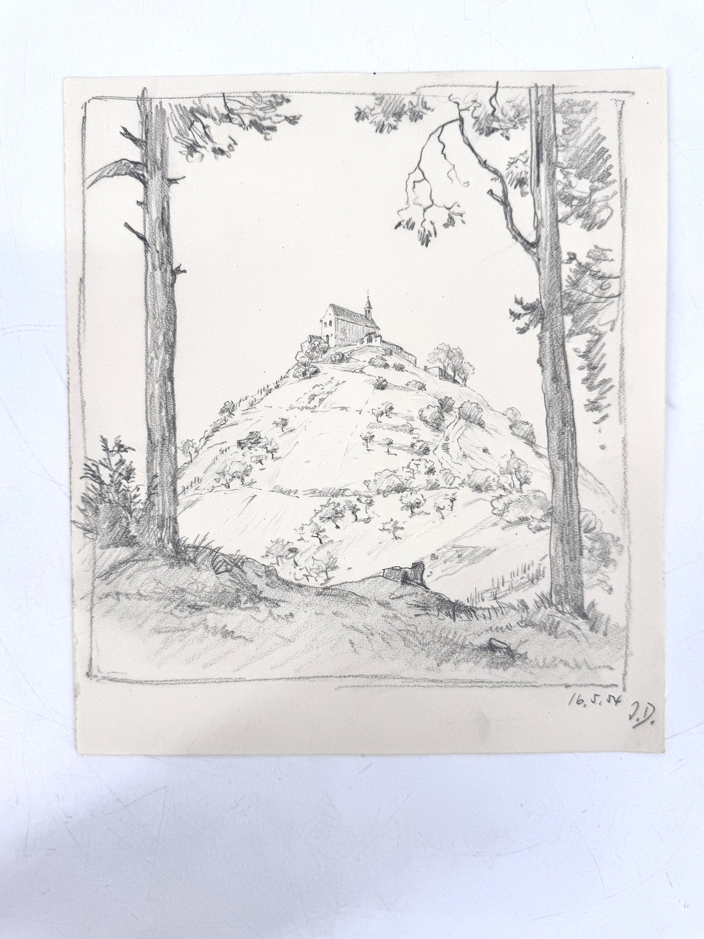 Zeichnung, Josef Dorner. Die Kapelle auf dem Hügel