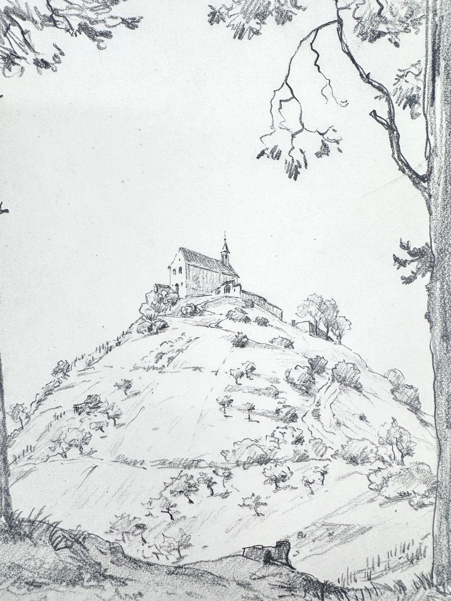 Zeichnung, Josef Dorner. Die Kapelle auf dem Hügel