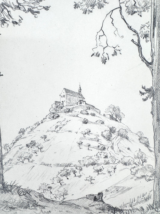 Zeichnung, Josef Dorner. Die Kapelle auf dem Hügel