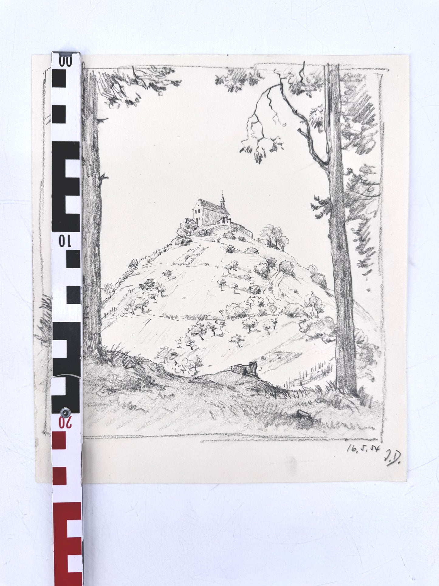 Zeichnung, Josef Dorner. Die Kapelle auf dem Hügel
