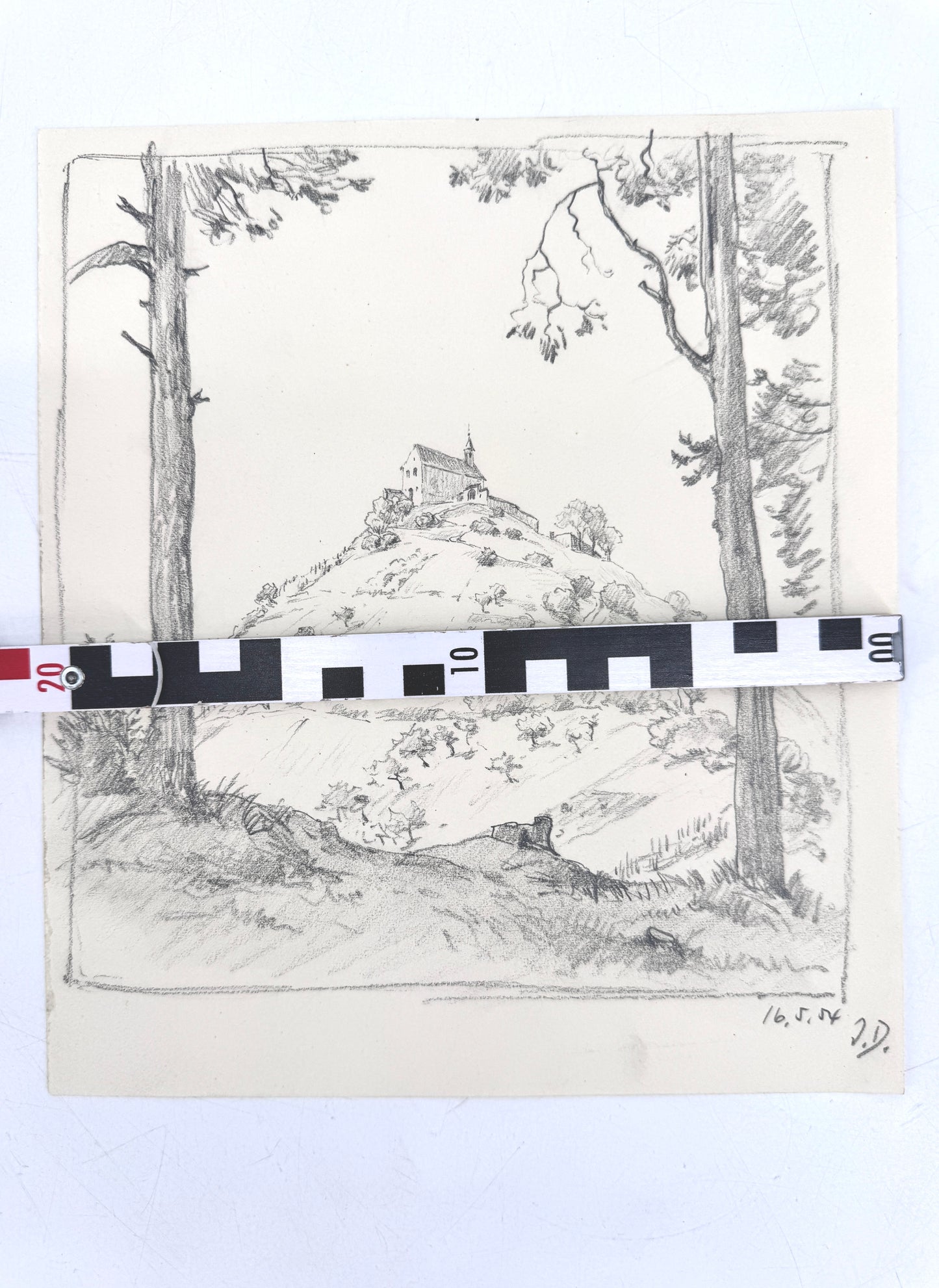 Zeichnung, Josef Dorner. Die Kapelle auf dem Hügel