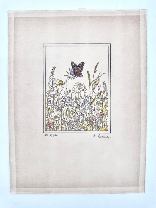 Aquarellierte Zeichnung, Blumenwiese mit Schmetterling. Josef Dorner
