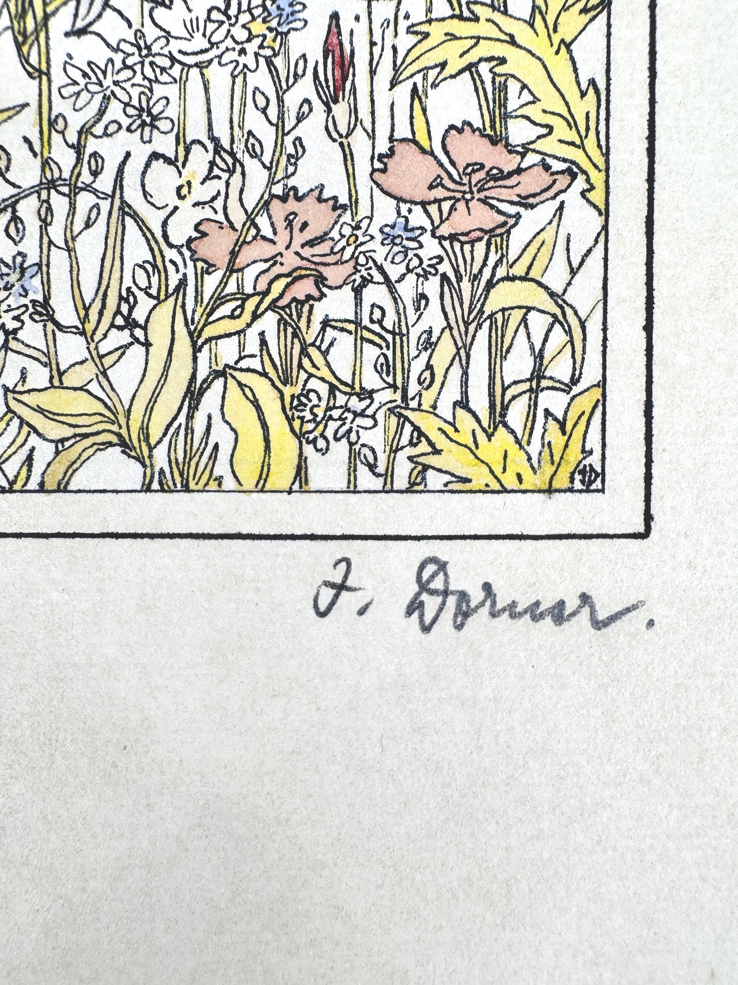 Aquarellierte Zeichnung, Blumenwiese mit Schmetterling. Josef Dorner