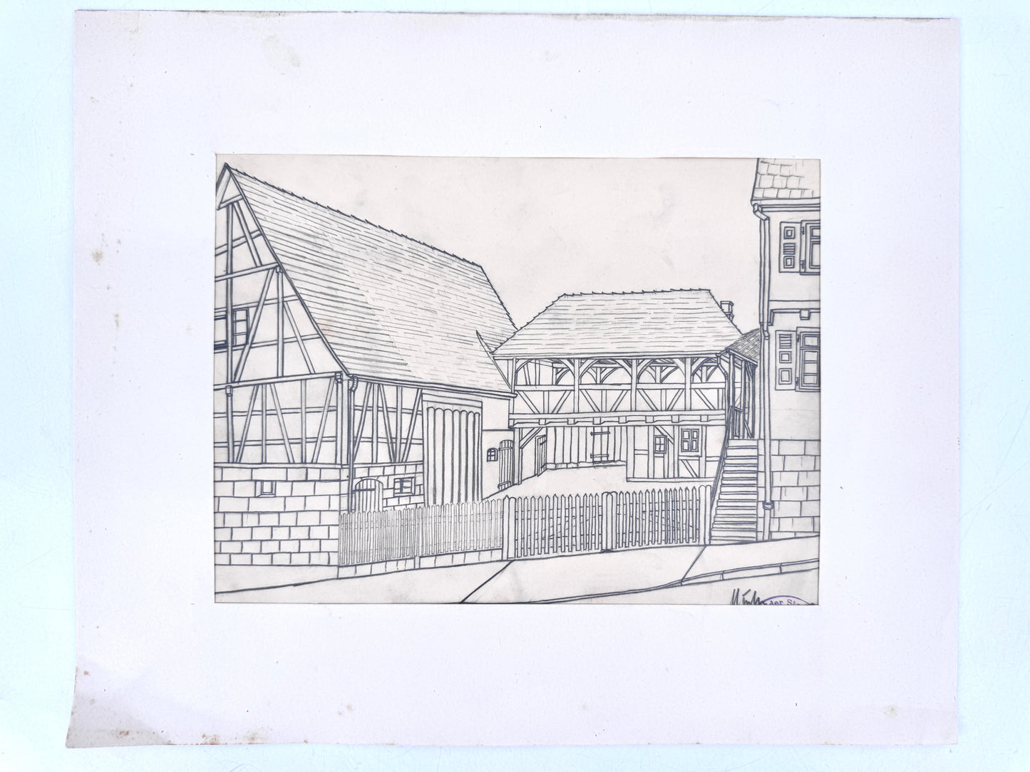 Stuttgart Alt-Degerloh, Architektonische Zeichnung Fachwerk. Löwenstraße