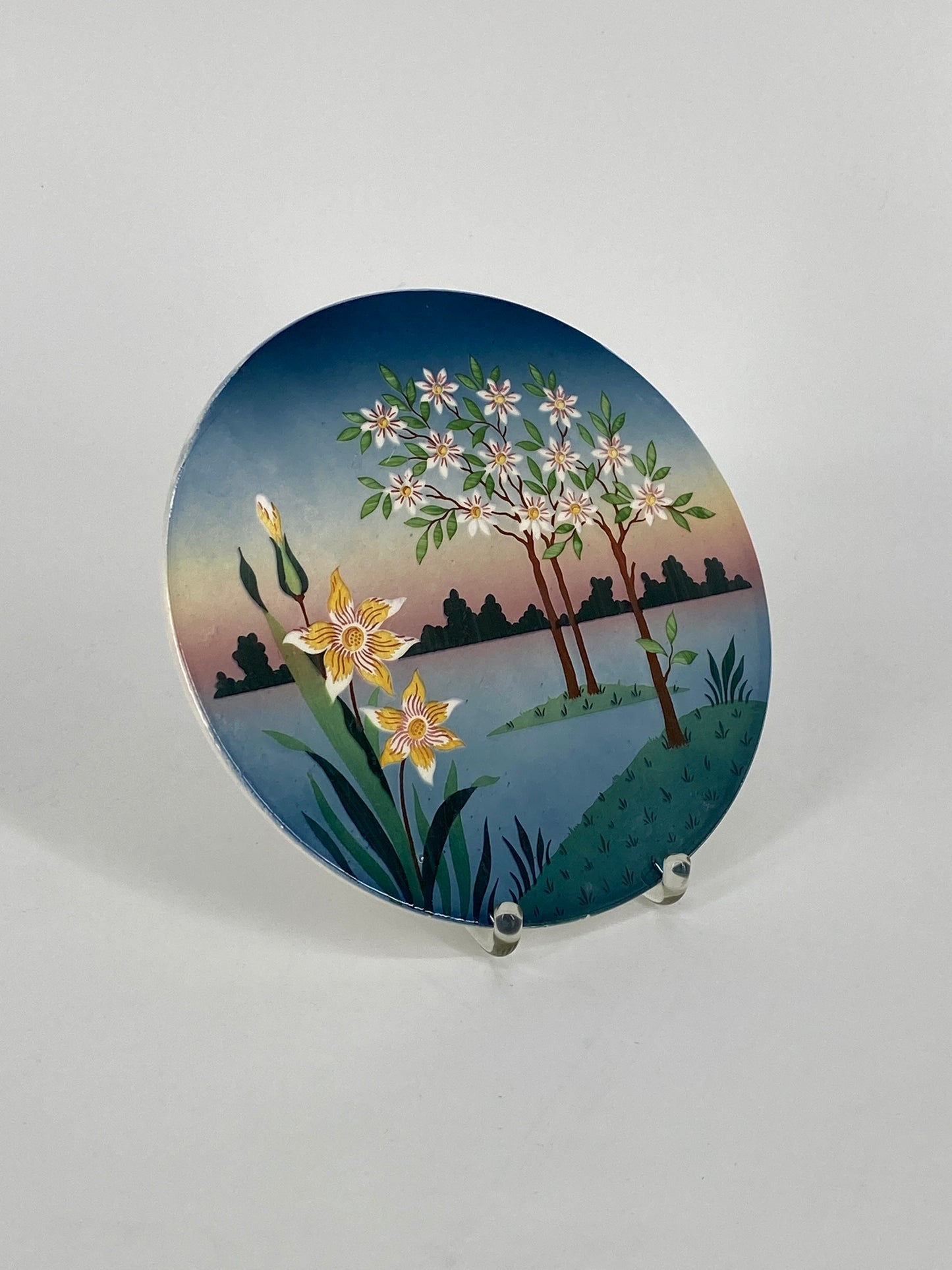 Porzellan Platte/Teller mit handbemalter Landschaft, Jugendstil