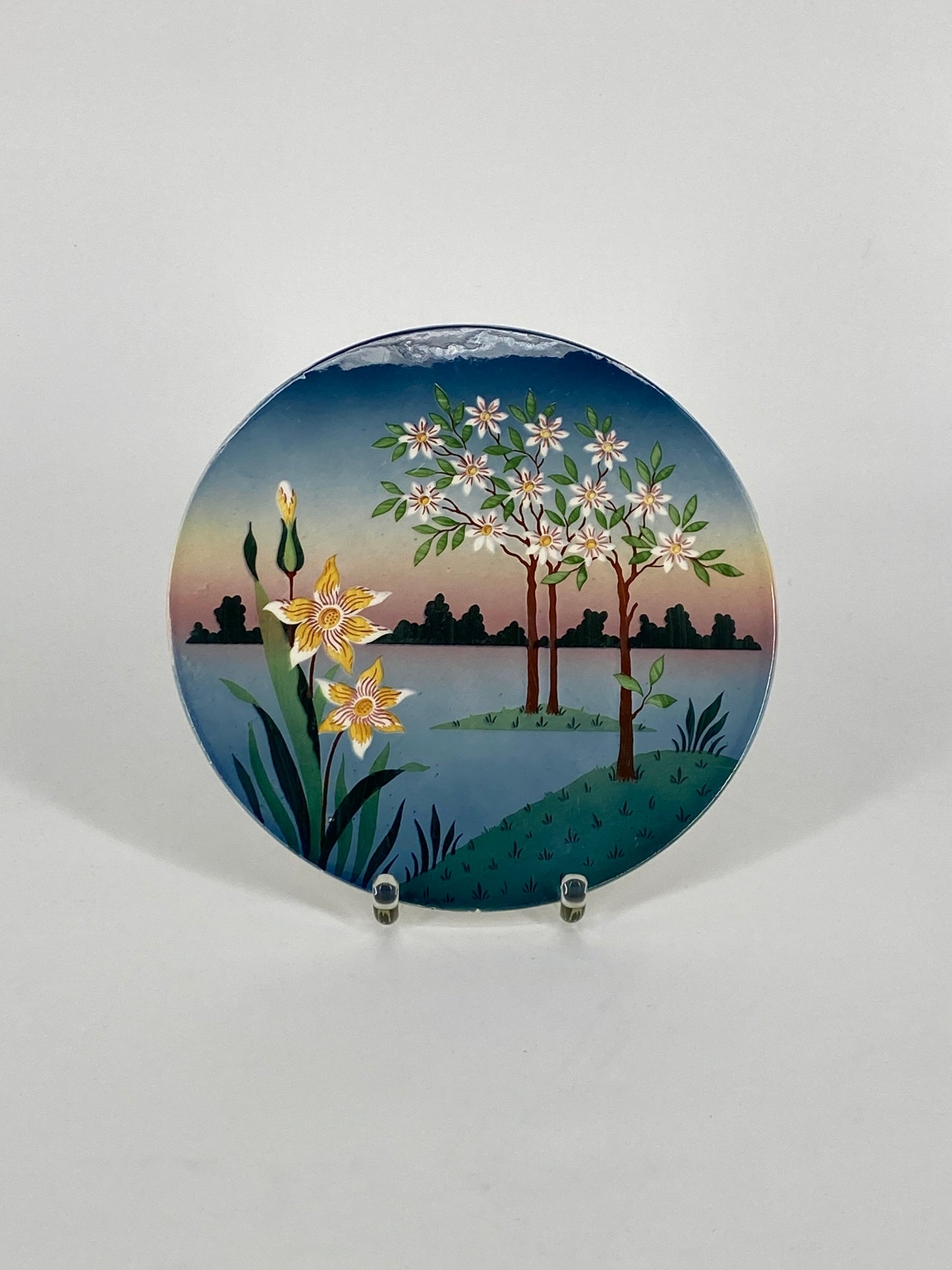 Porzellan Platte/Teller mit handbemalter Landschaft, Jugendstil