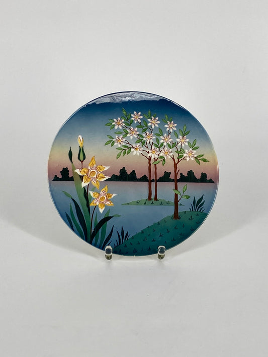 Porzellan Platte/Teller mit handbemalter Landschaft, Jugendstil