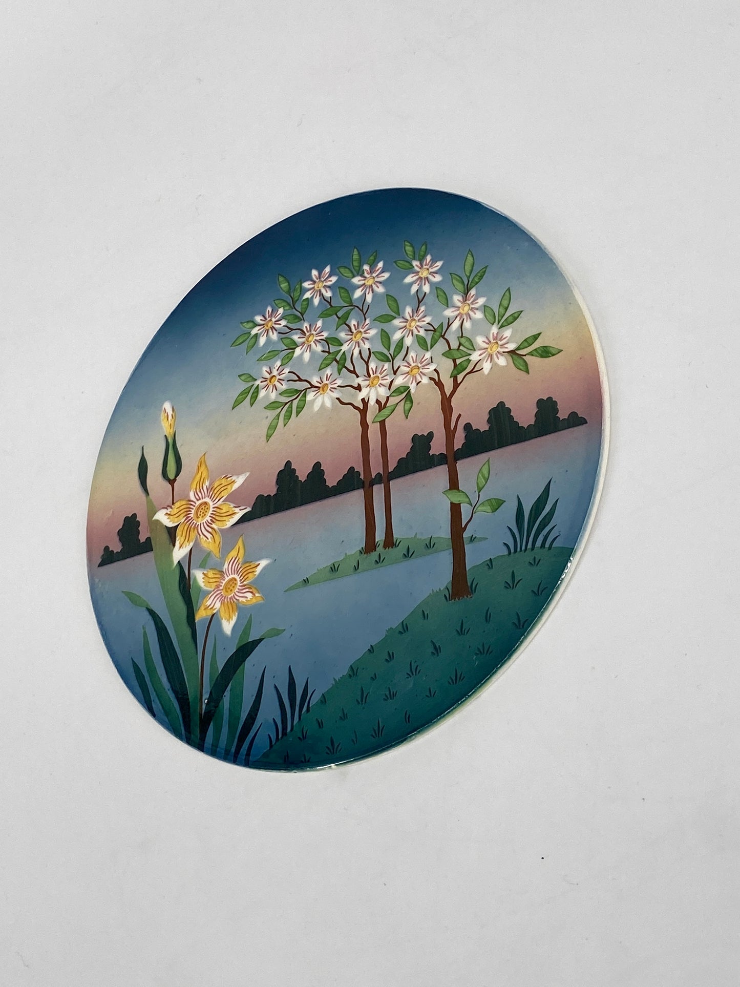 Porzellan Platte/Teller mit handbemalter Landschaft, Jugendstil