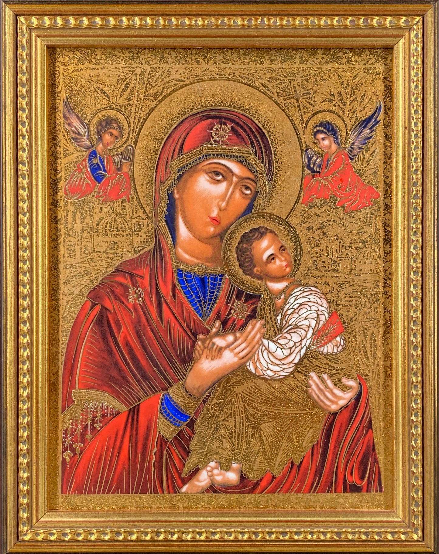 Porzellanbild / Ikone "Gottesmutter Hodegetria", Faksimile in Porzellan mit 24 karätigem Gold, gerahmt