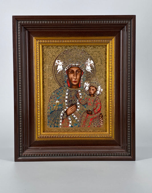 Porzellanbild / Ikone "Bildnis der Schwarzen Madonna von Tschenstochau", Faksimile in Porzellan mit 24 karätigem Gold, gerahmt