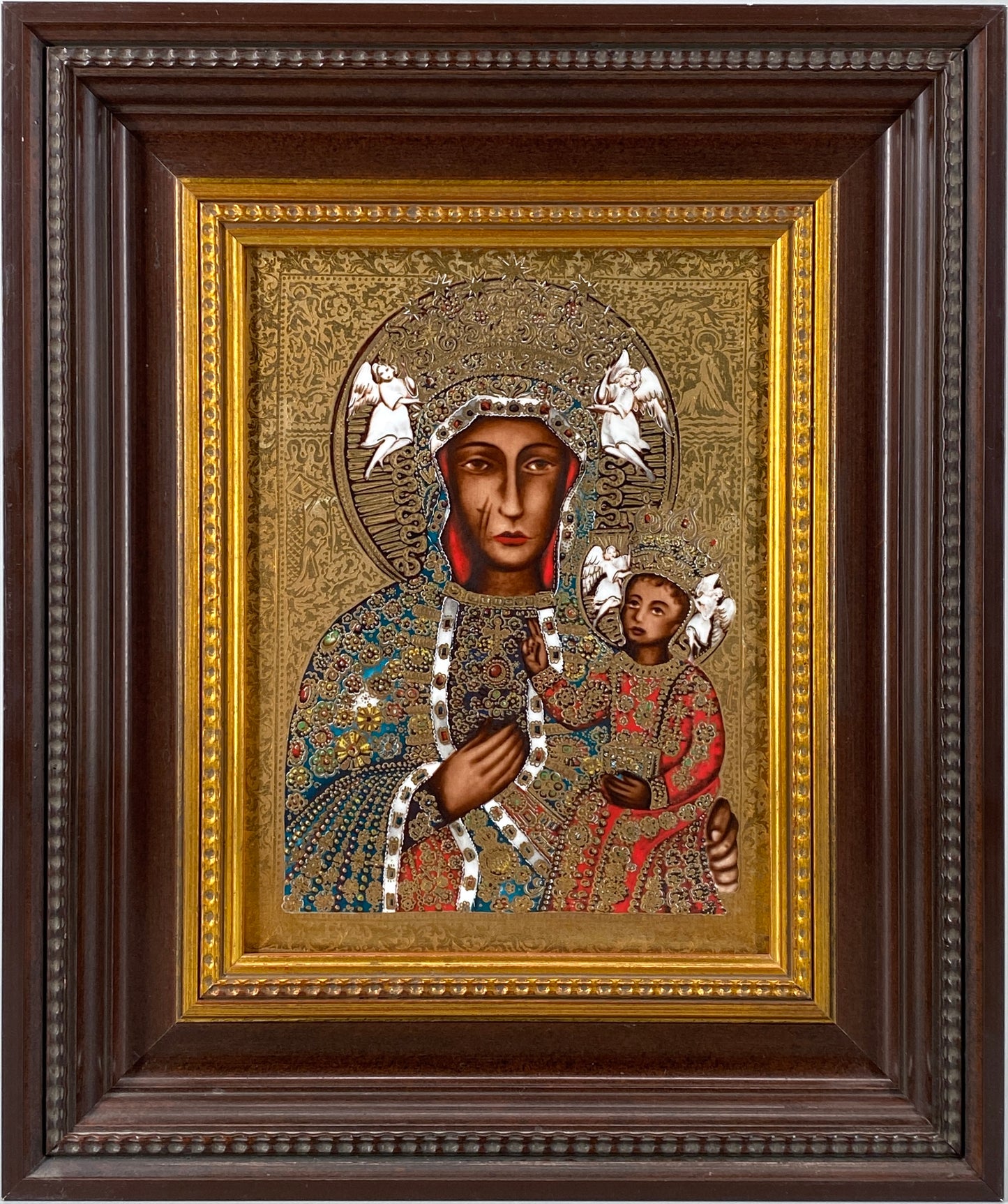 Porzellanbild / Ikone "Bildnis der Schwarzen Madonna von Tschenstochau", Faksimile in Porzellan mit 24 karätigem Gold, gerahmt