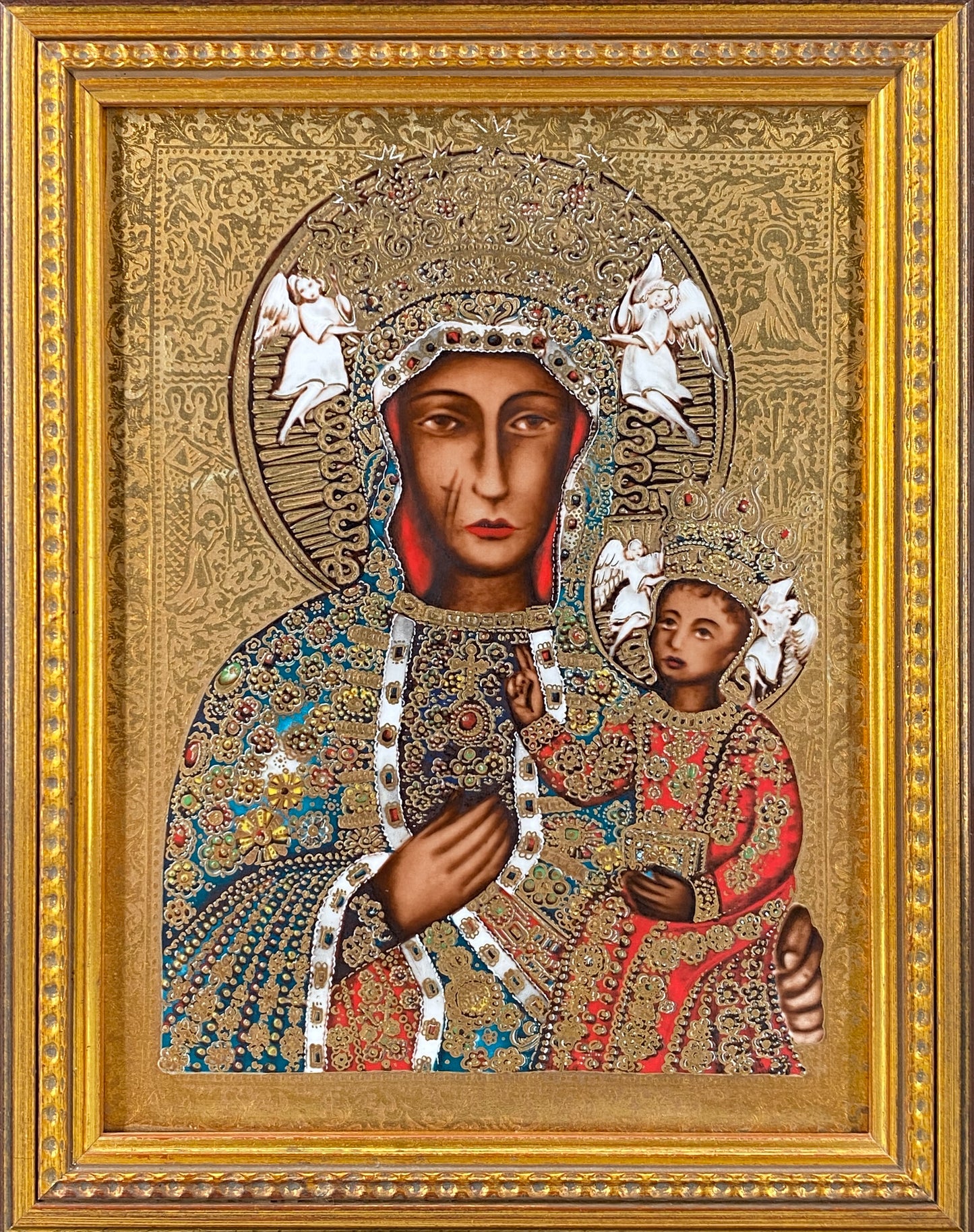 Porzellanbild / Ikone "Bildnis der Schwarzen Madonna von Tschenstochau", Faksimile in Porzellan mit 24 karätigem Gold, gerahmt
