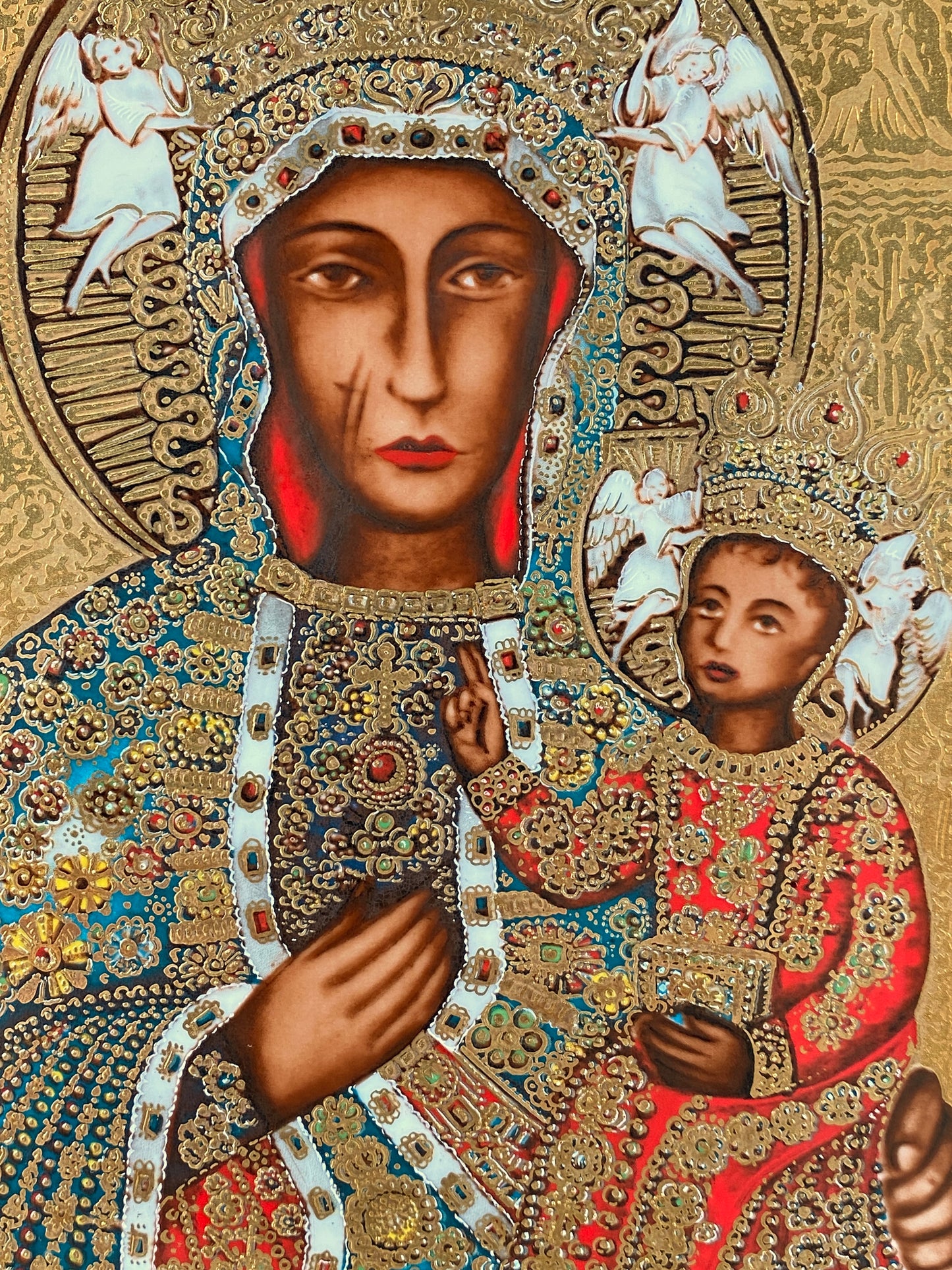 Porzellanbild / Ikone "Bildnis der Schwarzen Madonna von Tschenstochau", Faksimile in Porzellan mit 24 karätigem Gold, gerahmt