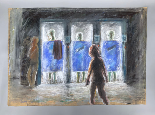 Expressives Pastellgemälde "Szene an den Kabinen im Gegenlicht" mit der Signatur "Ralf", 1985