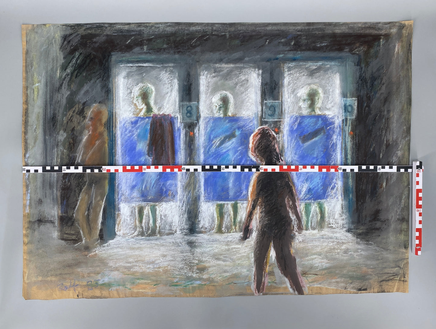 Expressives Pastellgemälde "Szene an den Kabinen im Gegenlicht" mit der Signatur "Ralf", 1985