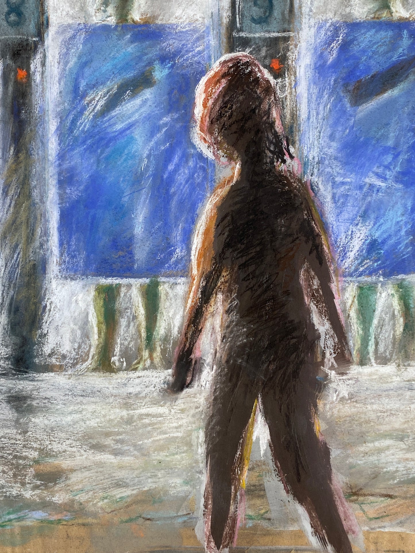 Expressives Pastellgemälde "Szene an den Kabinen im Gegenlicht" mit der Signatur "Ralf", 1985