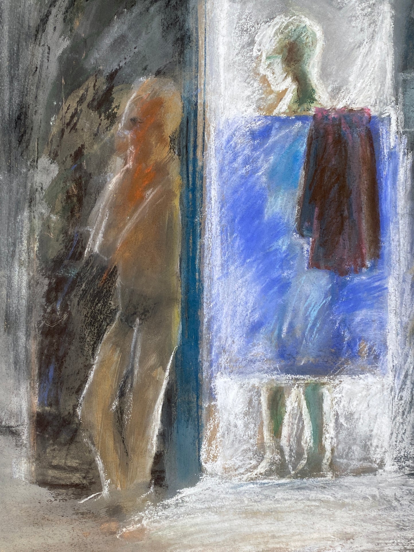 Expressives Pastellgemälde "Szene an den Kabinen im Gegenlicht" mit der Signatur "Ralf", 1985