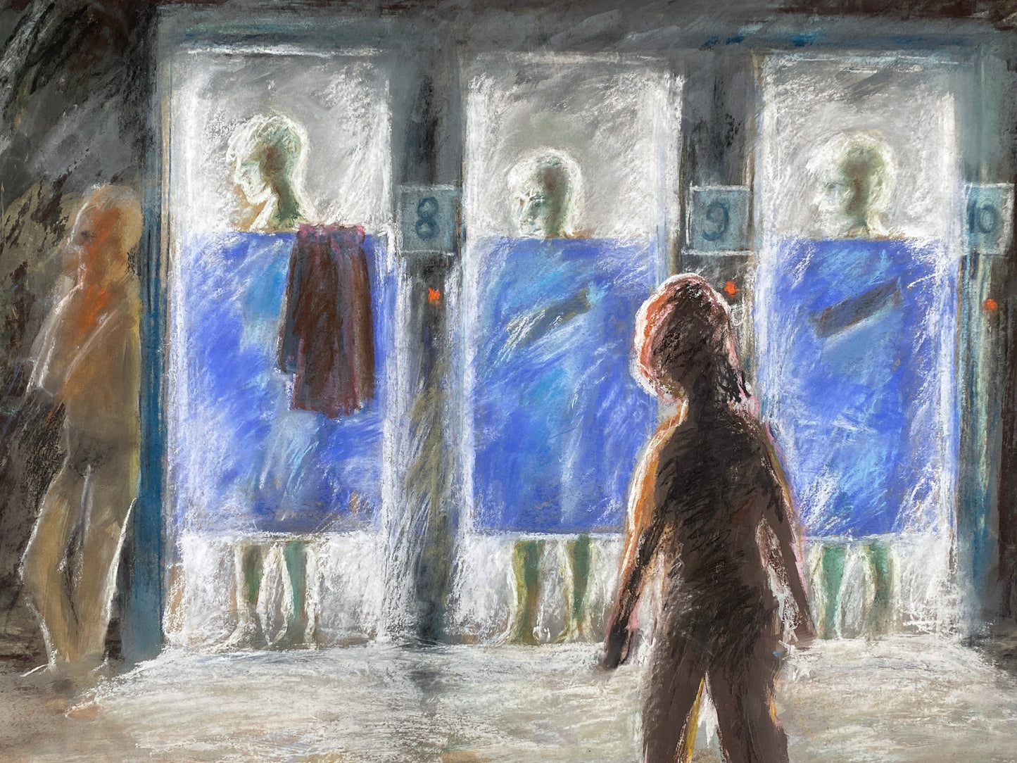 Expressives Pastellgemälde "Szene an den Kabinen im Gegenlicht" mit der Signatur "Ralf", 1985
