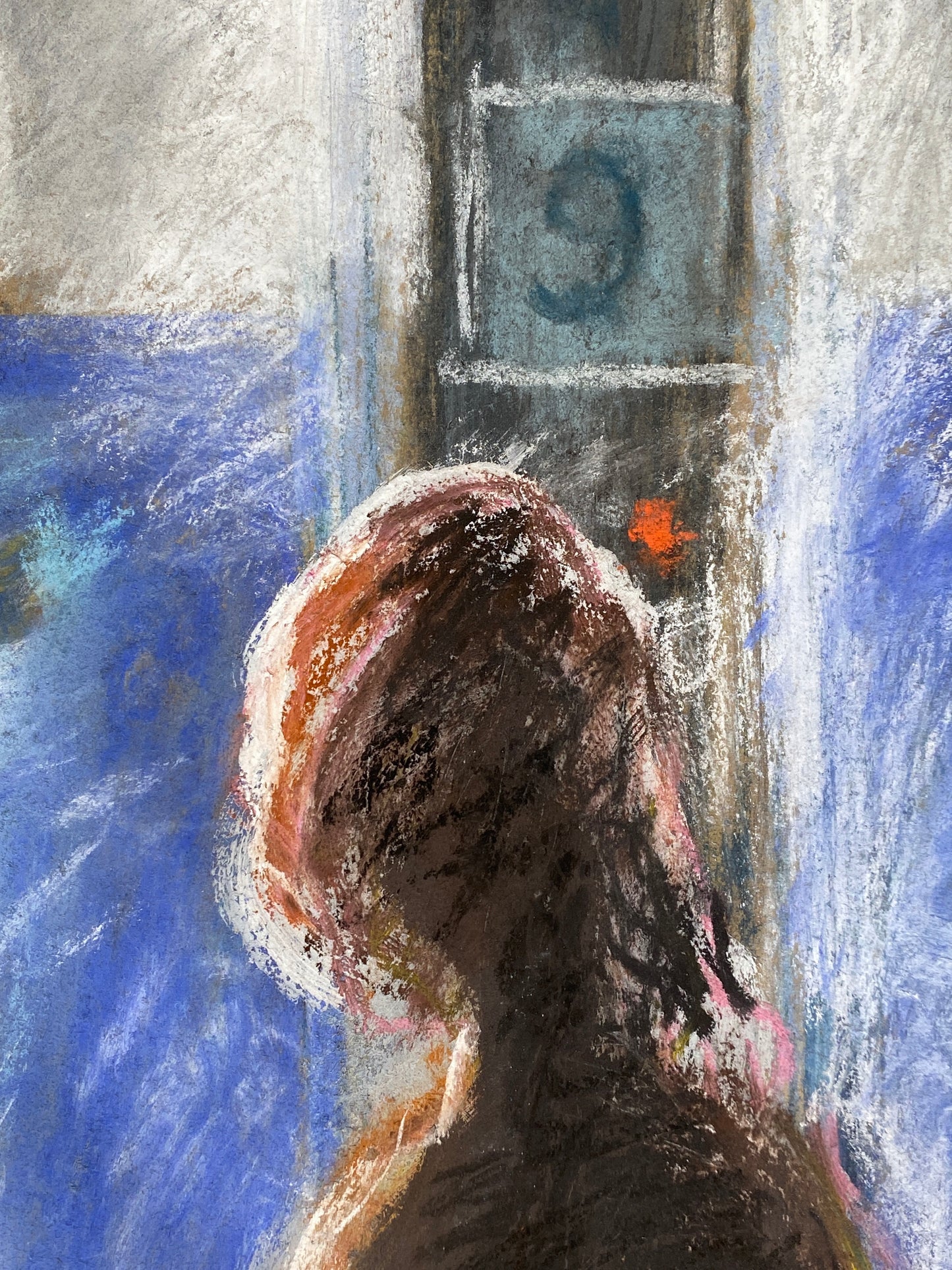 Expressives Pastellgemälde "Szene an den Kabinen im Gegenlicht" mit der Signatur "Ralf", 1985