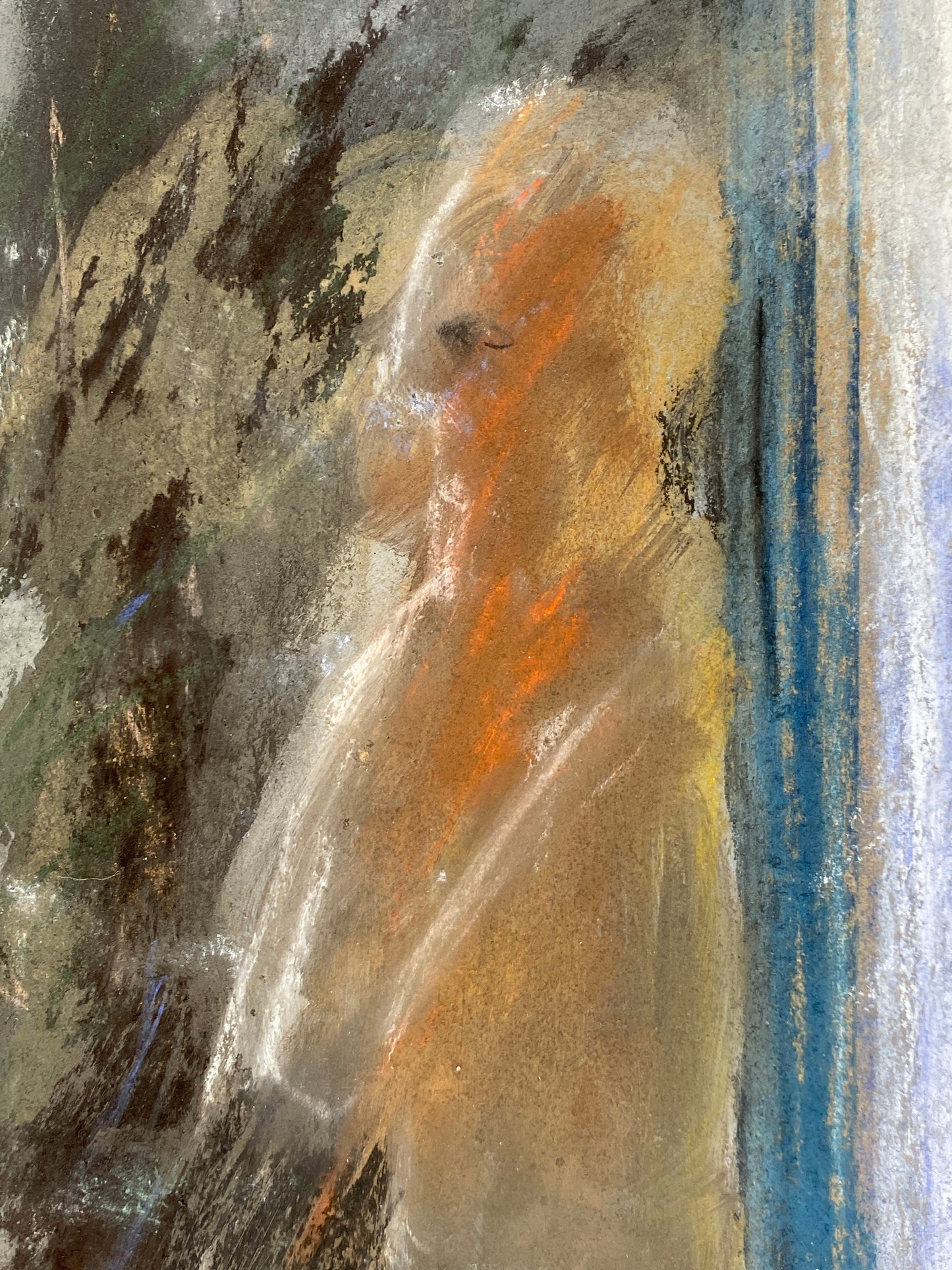 Expressives Pastellgemälde "Szene an den Kabinen im Gegenlicht" mit der Signatur "Ralf", 1985