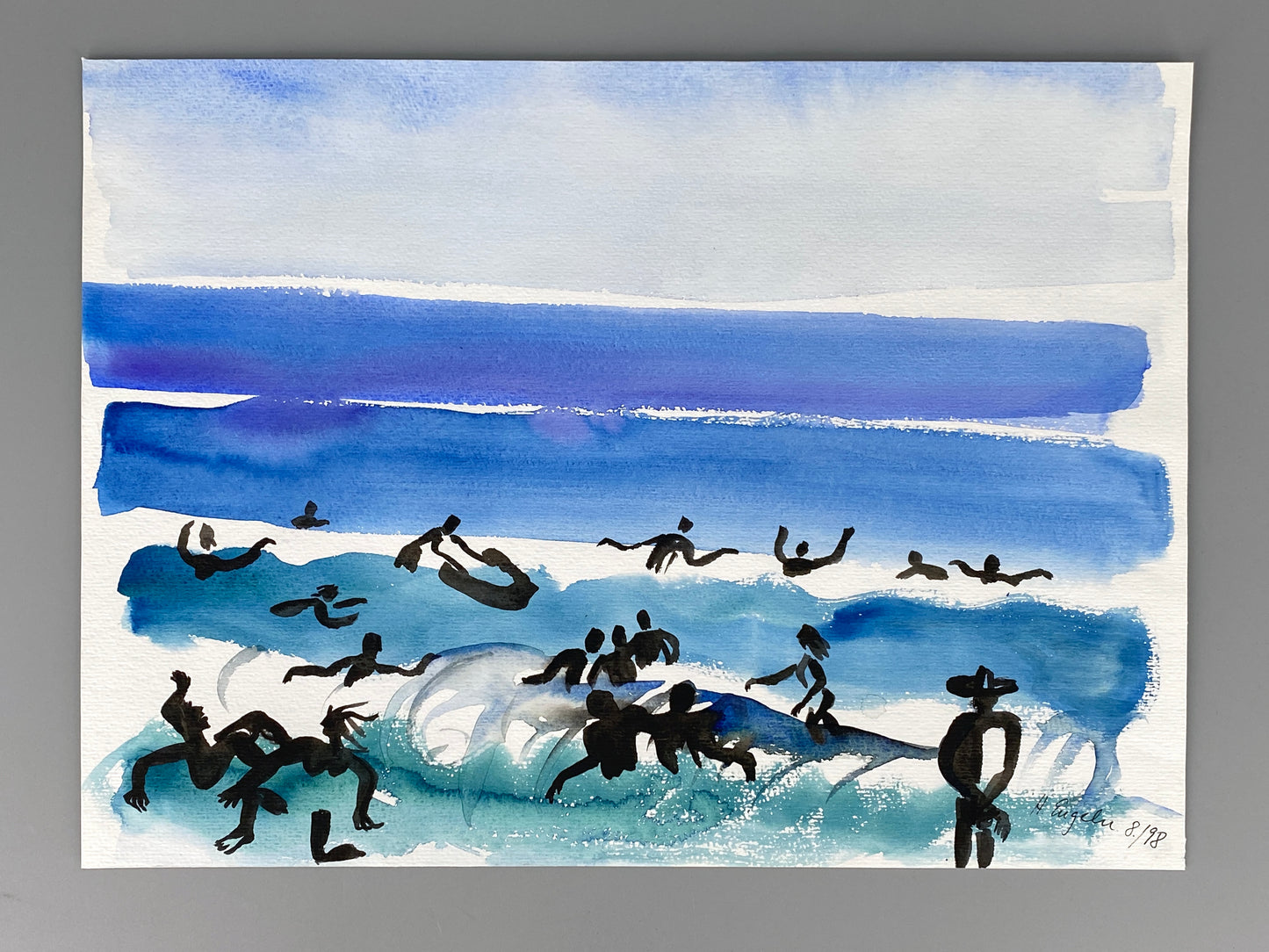 Ausdrucksstarkes Aquarellgemälde "Badende am Meer" von Helga Engeln (1943–2024), 1998