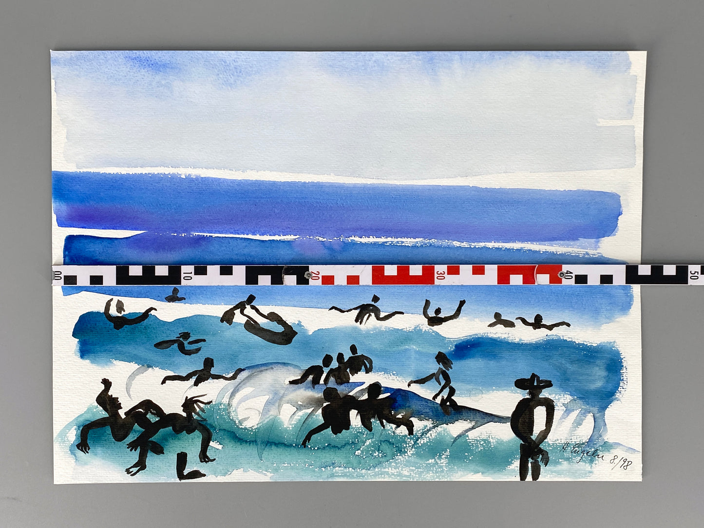 Ausdrucksstarkes Aquarellgemälde "Badende am Meer" von Helga Engeln (1943–2024), 1998