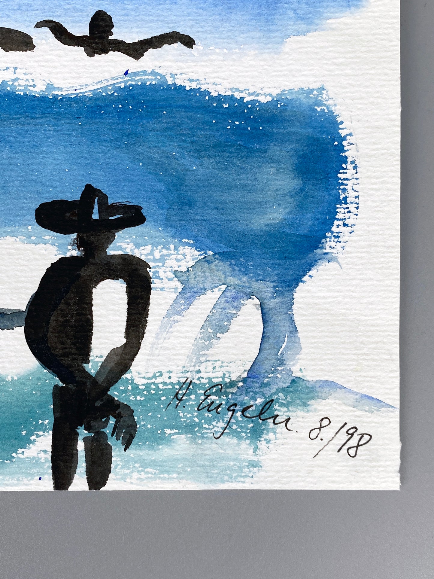 Ausdrucksstarkes Aquarellgemälde "Badende am Meer" von Helga Engeln (1943–2024), 1998