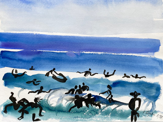 Ausdrucksstarkes Aquarellgemälde "Badende am Meer" von Helga Engeln (1943–2024), 1998
