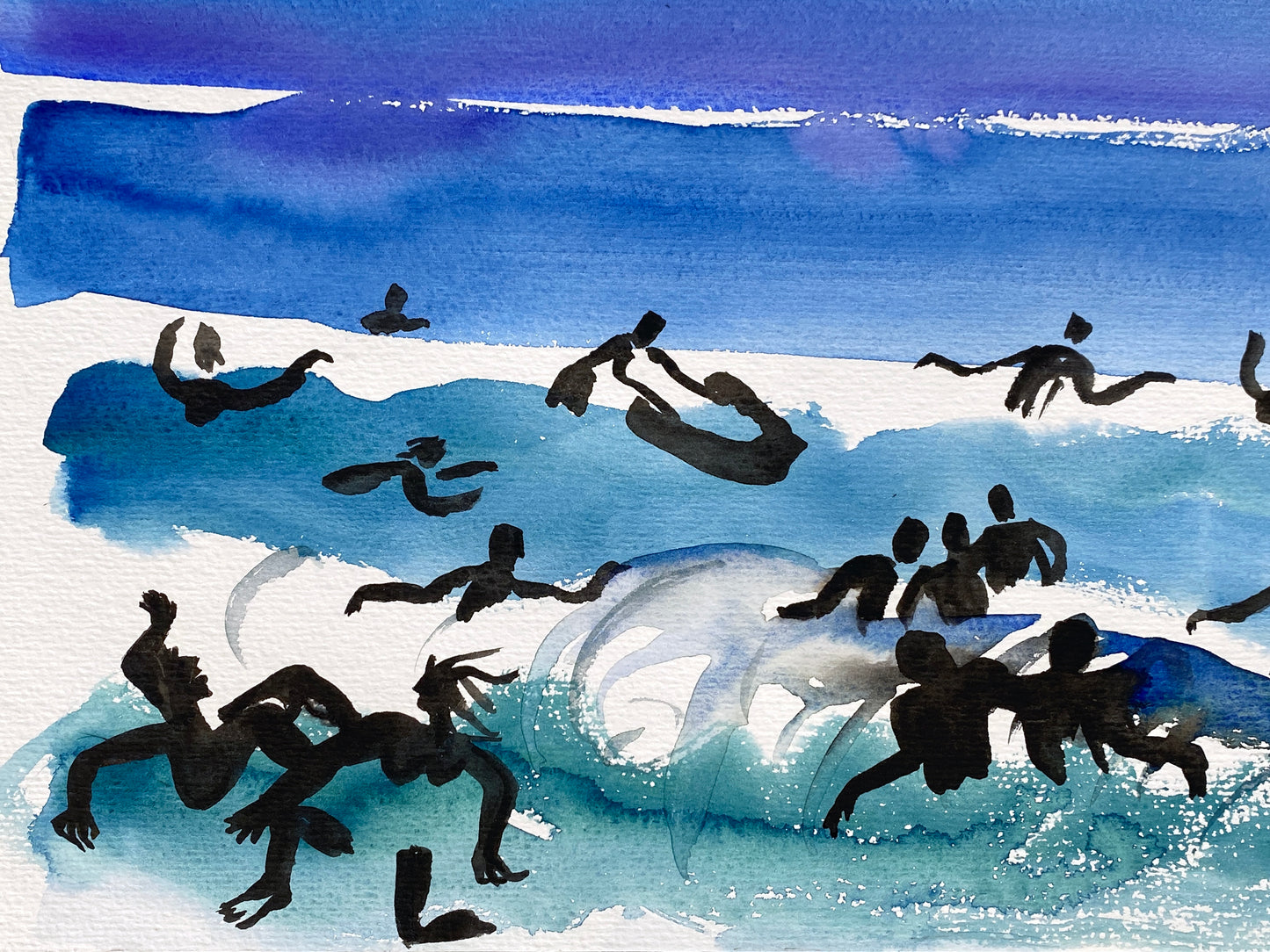 Ausdrucksstarkes Aquarellgemälde "Badende am Meer" von Helga Engeln (1943–2024), 1998