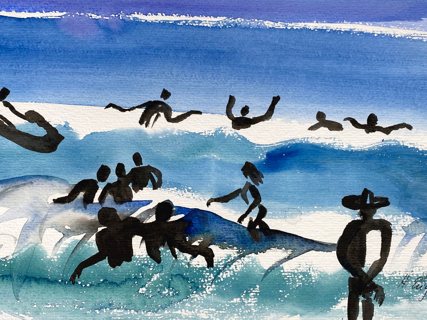 Ausdrucksstarkes Aquarellgemälde "Badende am Meer" von Helga Engeln (1943–2024), 1998