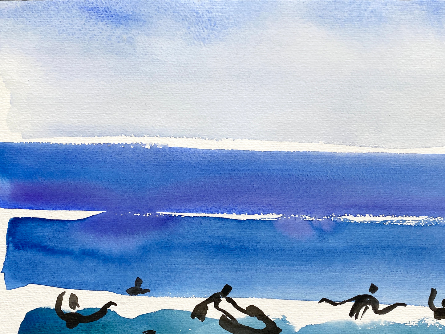 Ausdrucksstarkes Aquarellgemälde "Badende am Meer" von Helga Engeln (1943–2024), 1998