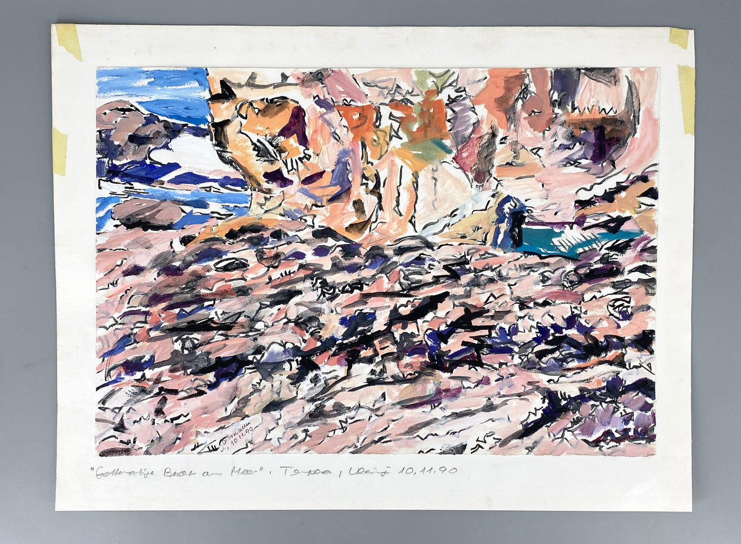 Gemälde "Grottenartige Bucht am Meer in Ulcinj" von Helmut Dittmann (1931–2000), 1990
