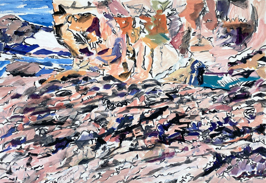 Gemälde "Grottenartige Bucht am Meer in Ulcinj" von Helmut Dittmann (1931–2000), 1990