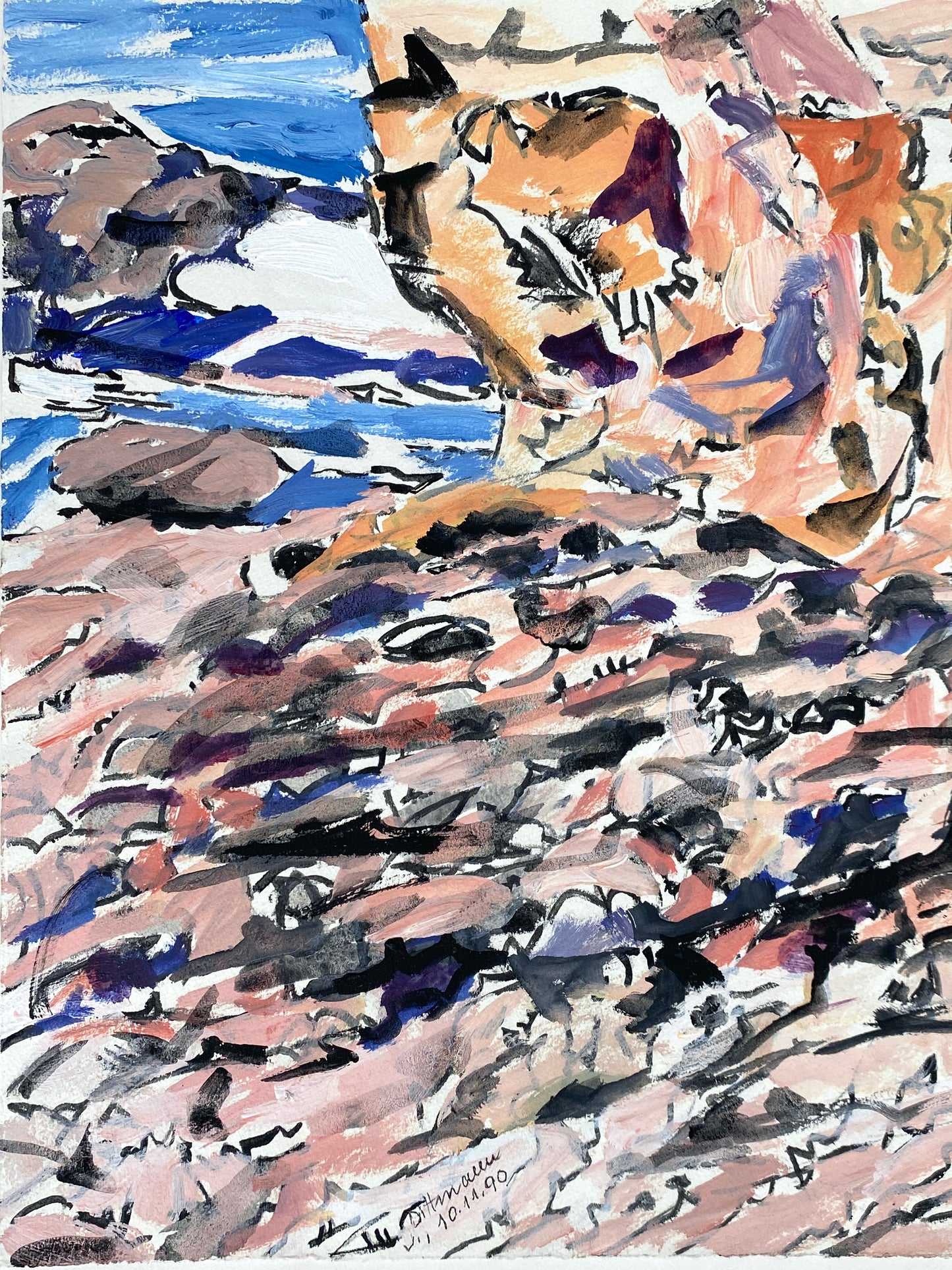 Gemälde "Grottenartige Bucht am Meer in Ulcinj" von Helmut Dittmann (1931–2000), 1990
