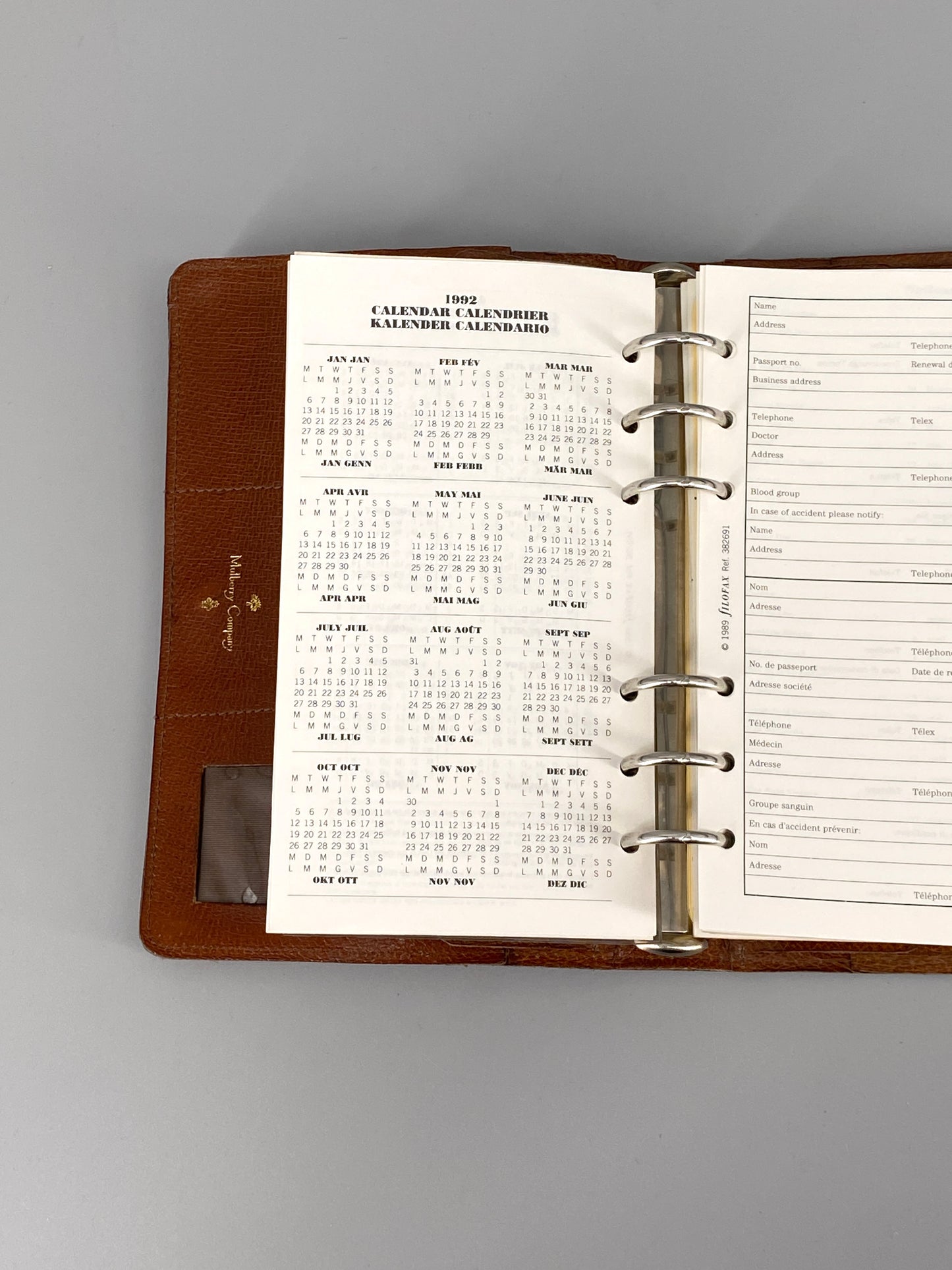 Leder-Planer von Mulberry Company mit Kalender von Filofax, Großbritannien, 1990er