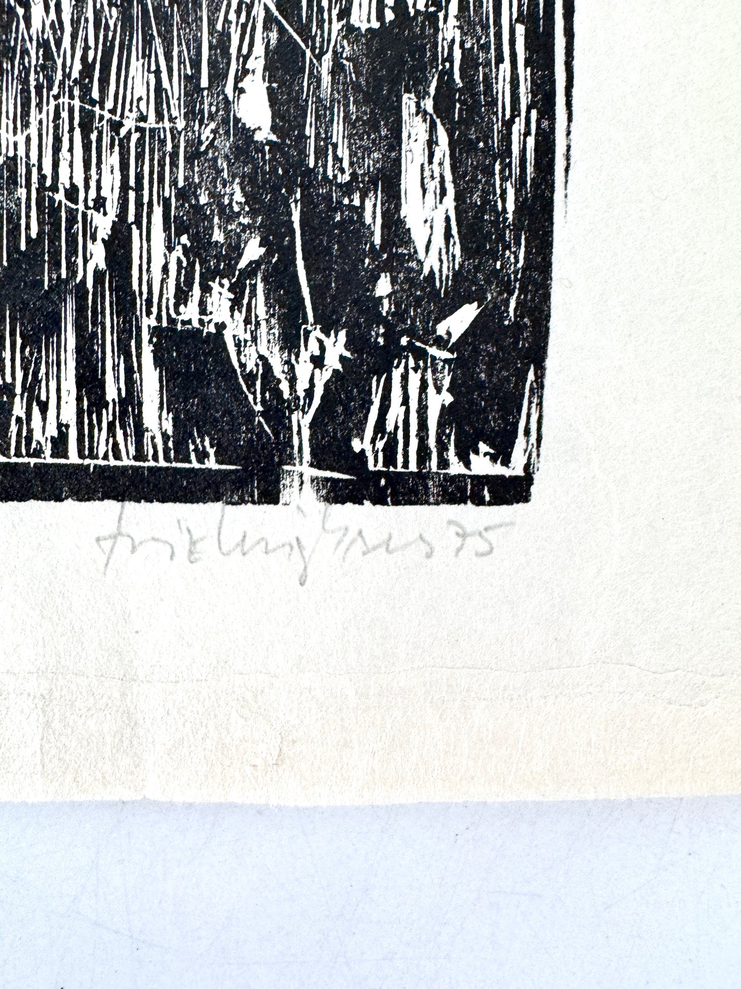 Original-Holzschnitt, Kiefer im Wald. Expressionistisch