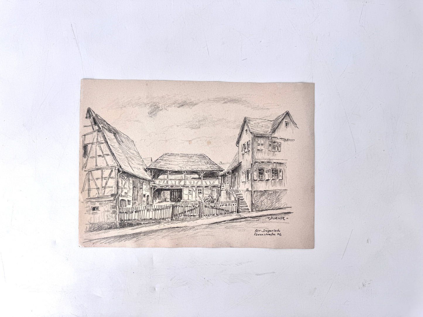 Zeichnung, Stuttgart Alt-Degerloh. Löwenstraße, Fachwerkhaus